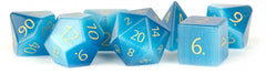 MDG Gemstone 16mm Polyhedral Dice Set - Engraved Cats Eye Aquamarine