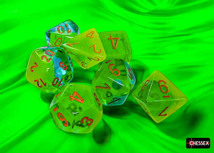 PREORDER CHX 26470 Gemini Plasma Green-Teal/orange Luminary Polyhedral 7-Dice Set