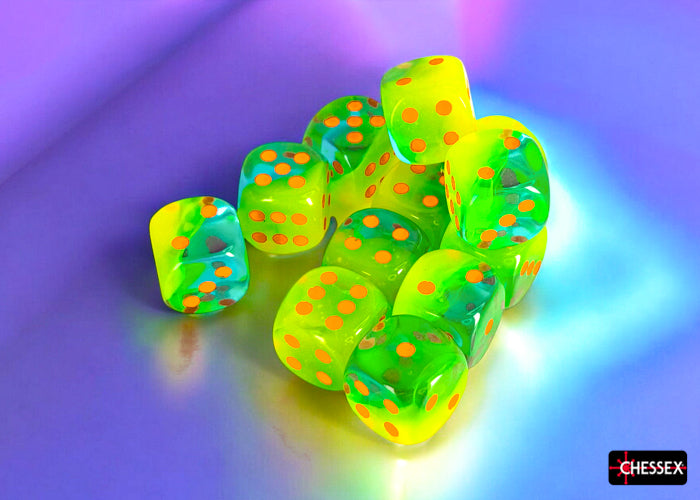 PREORDER CHX 26670 Gemini Plasma Green-Teal/orange Luminary 16mm d6 Dice Block (12 dice)