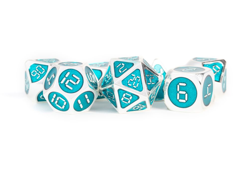 PREORDER Fanroll: 16mm Metal Polyhedral Dice Set: Silver w/ Teal Enamel