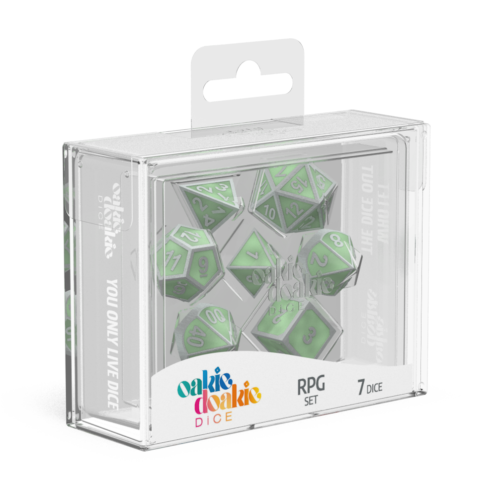 Oakie Doakie: Dice  RPG Set Metal Glow in the Dark  Druids Blaze (7)