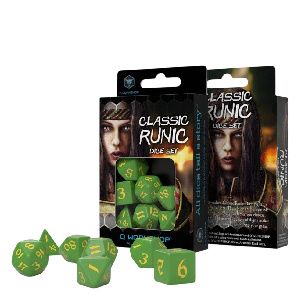 PREORDER Q Workshop: Classic Runic Green & yellow Dice Set (7