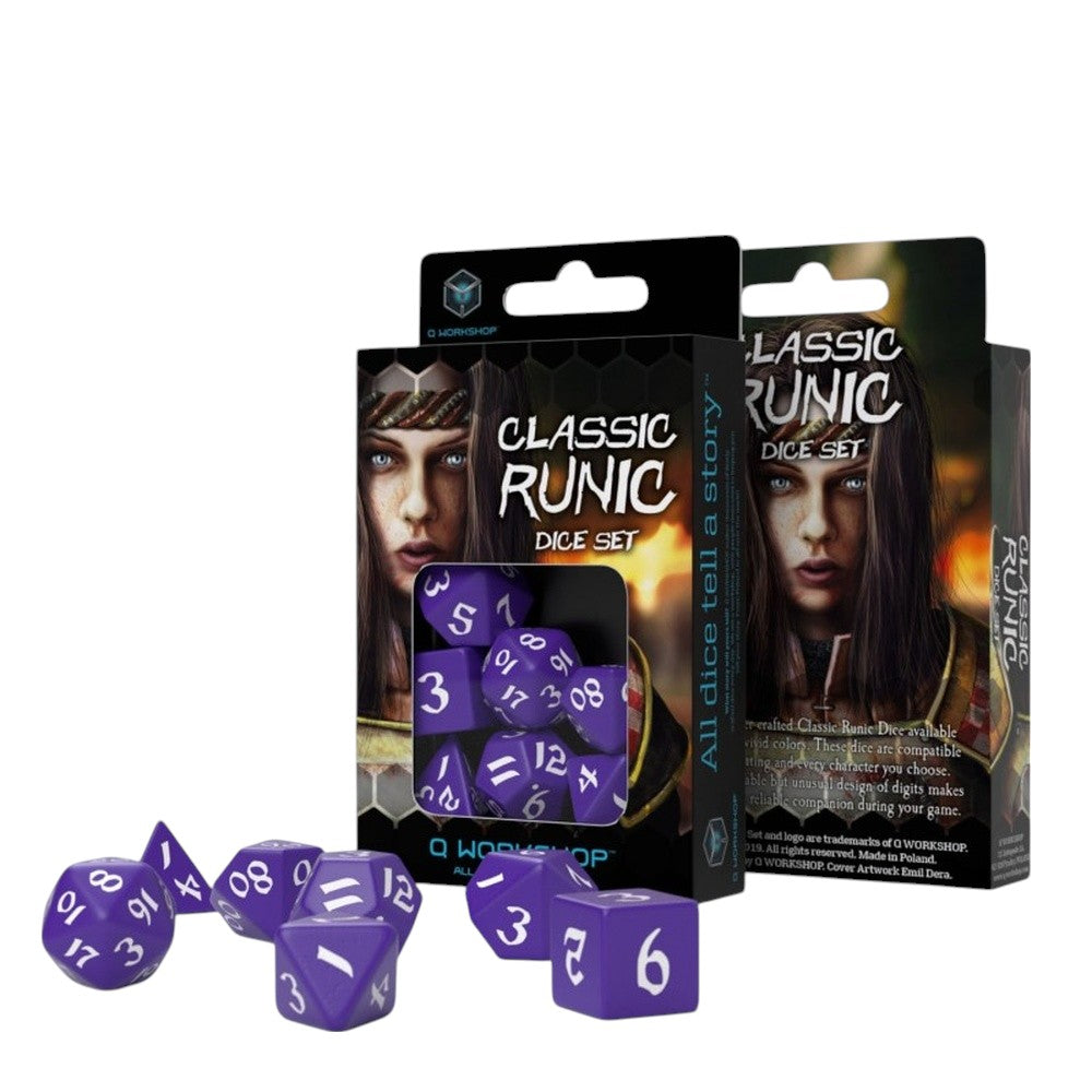 PREORDER Q Workshop: Classic Runic Purple & white Dice Set (7