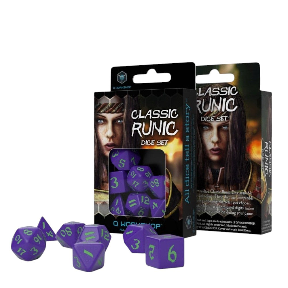 PREORDER Q Workshop: Classic Runic Purple & green Dice Set (7