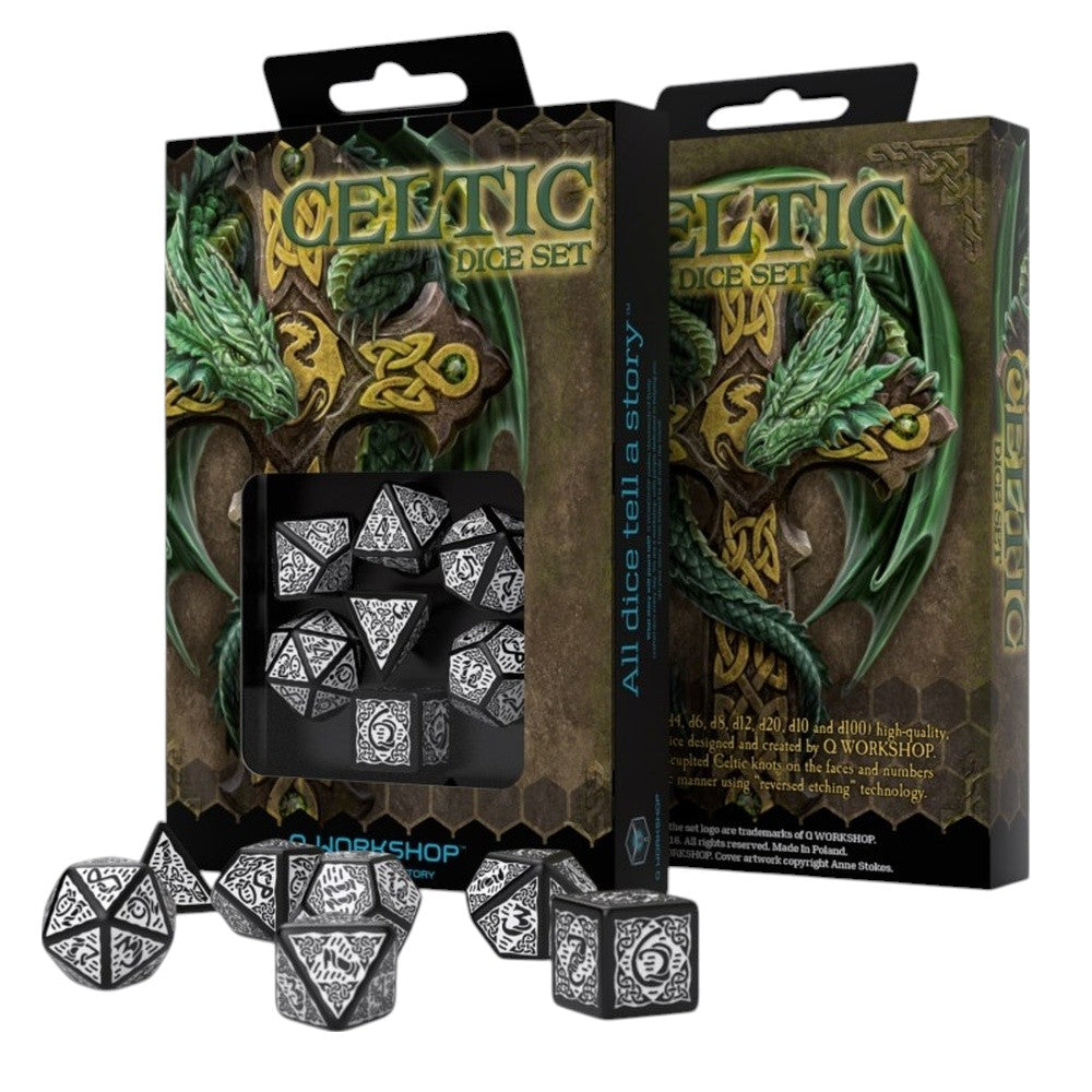 PREORDER Q Workshop: Celtic 3D Revised Black & white Dice Set