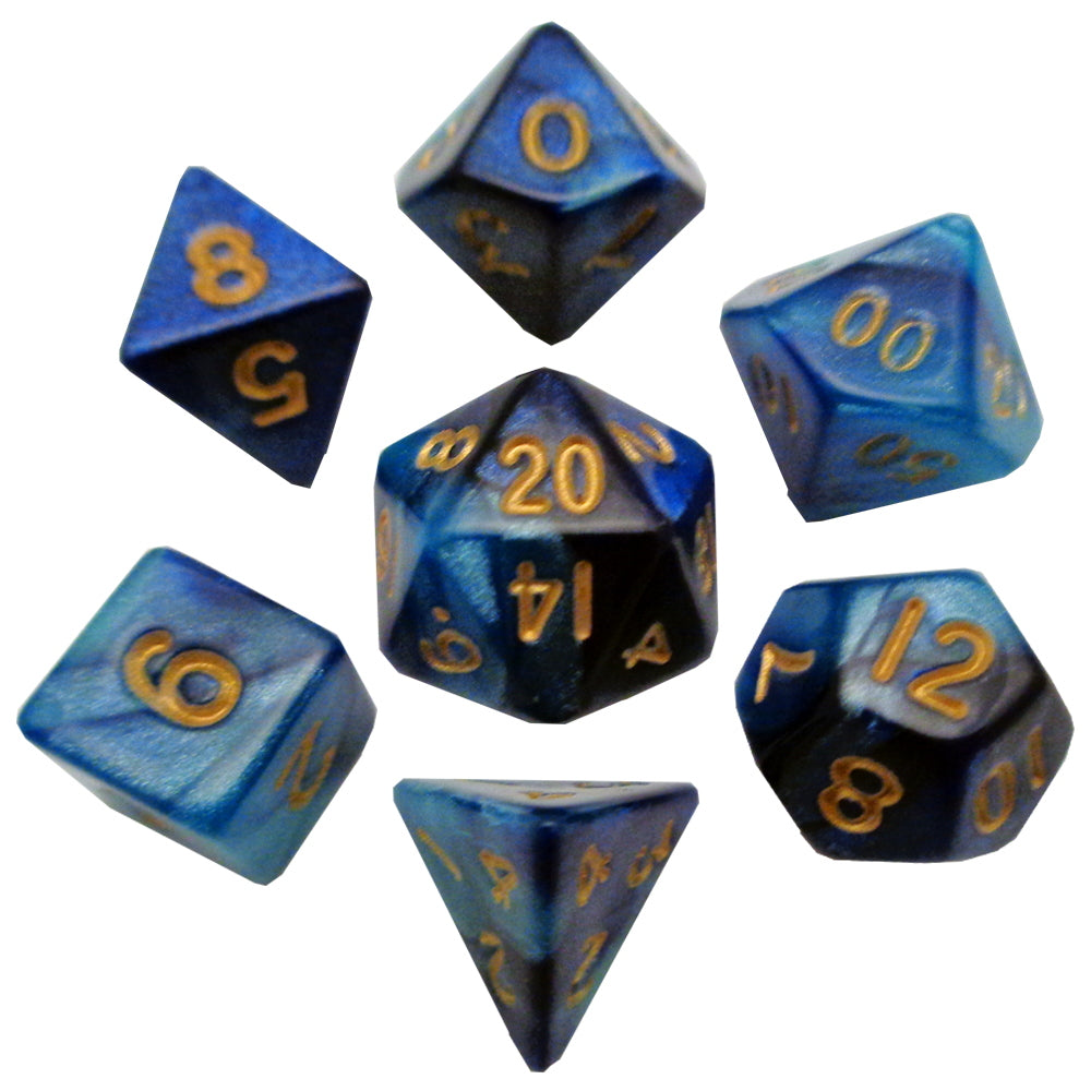 Fanroll: 10mm Mini Polyhedral Dice set: Blue/Light Blue w/ Gold Numbers