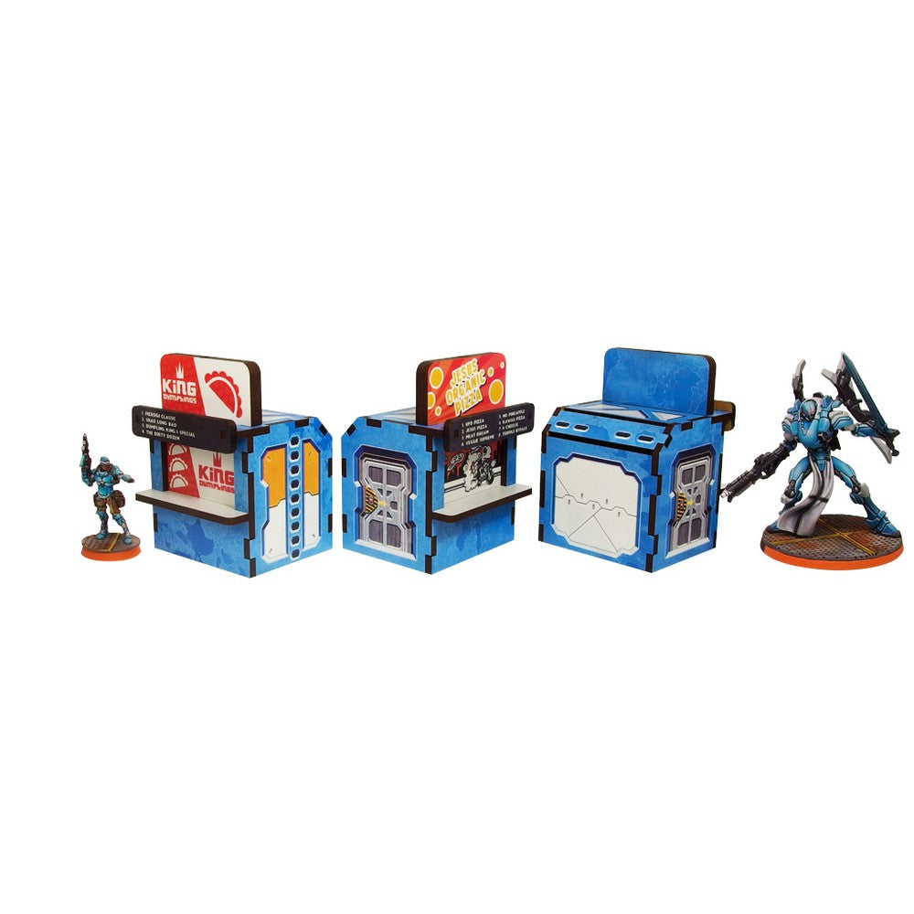 PREORDER Micro Art Studio - Infinity Scenery - District 5 Food Booths (3) PREPAINTED (blue)