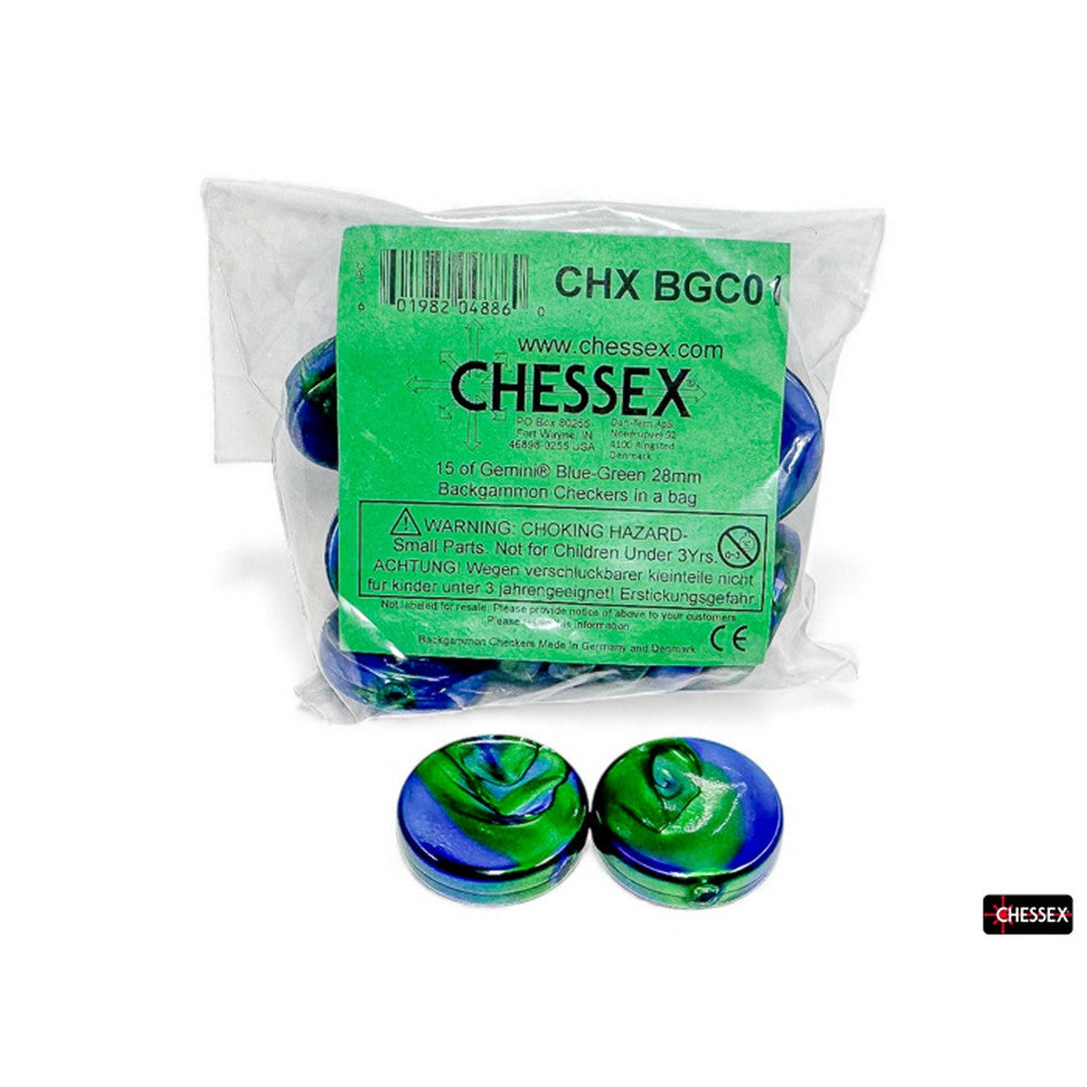 PREORDER CHX BGC01 15 of Gemini Blue-Green 28mm Backgammon Checkers in a bag