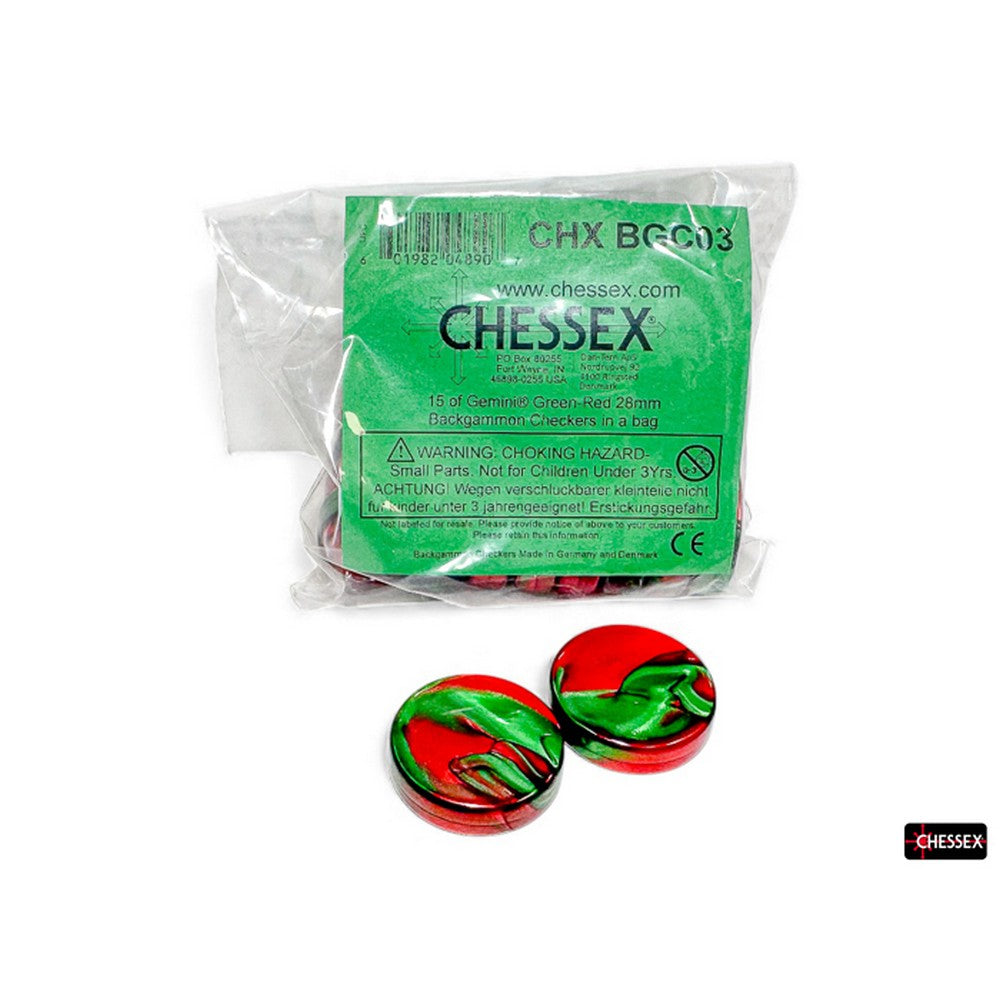 PREORDER CHX BGC03 15 of Gemini Green-Red 28mm Backgammon Checkers in a bag