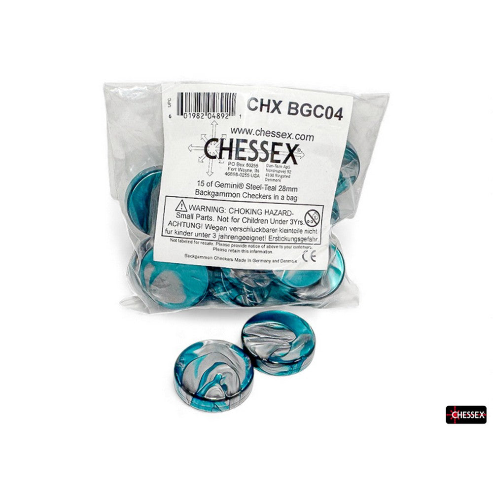 PREORDER CHX BGC04 15 of Gemini Steel-Teal 28mm Backgammon Checkers in a bag