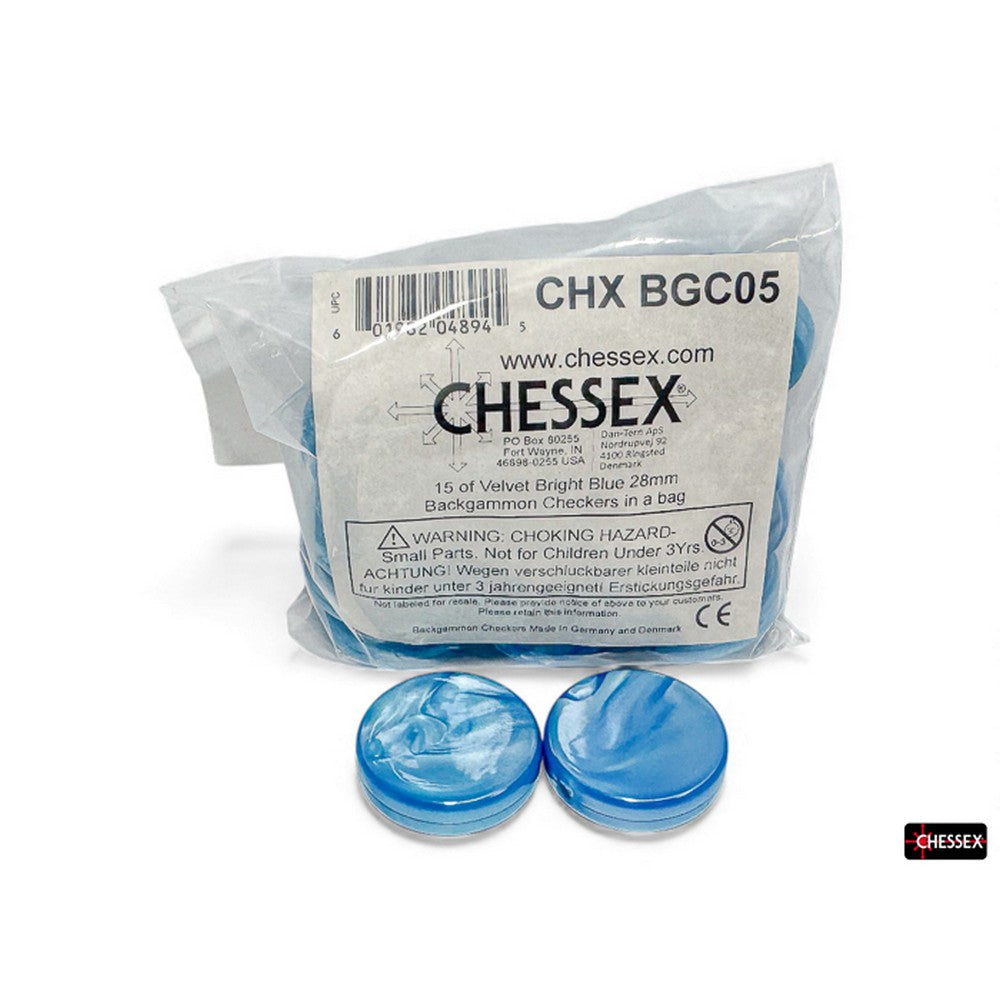 PREORDER CHX BGC05 15 of Velvet Bright Blue 28mm Backgammon Checkers in a bag