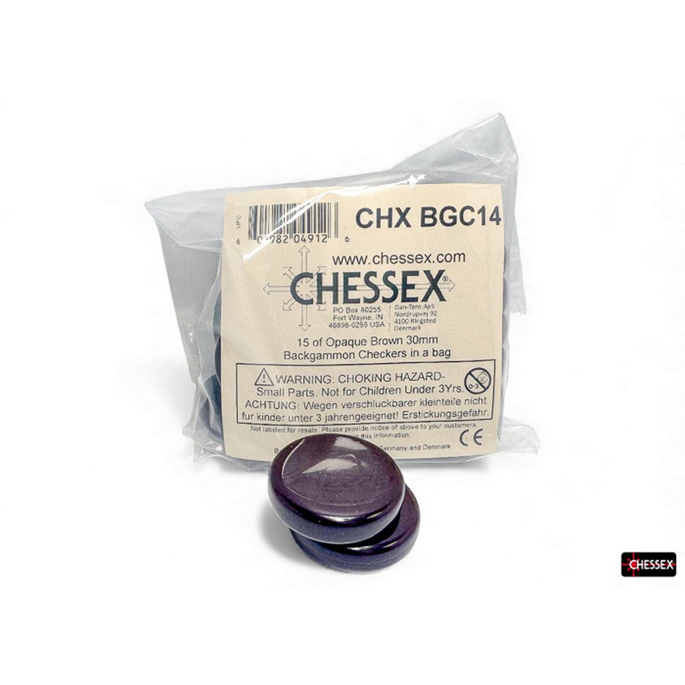 PREORDER CHX BGC14 15 of Opaque Brown 30mm Backgammon Checkers in a bag