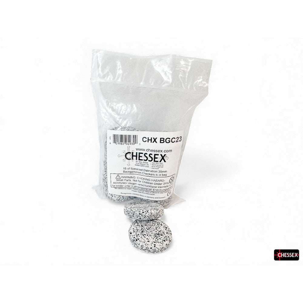 PREORDER CHX BGC23 15 of Speckled Dalmatian 35mm Backgammon Checkers in a bag