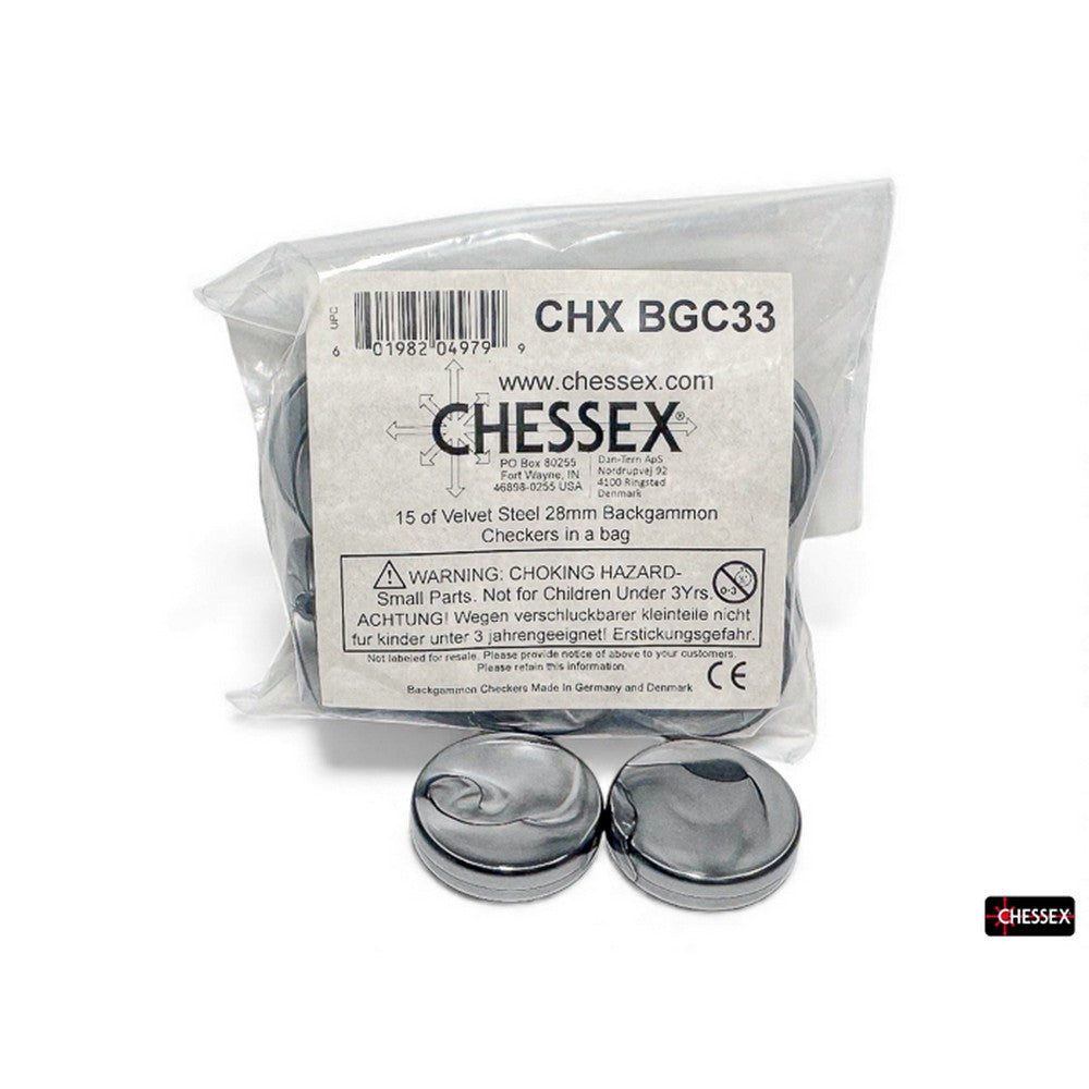 PREORDER CHX BGC33 15 of Velvet Steel 28mm Backgammon Checkers in a bag