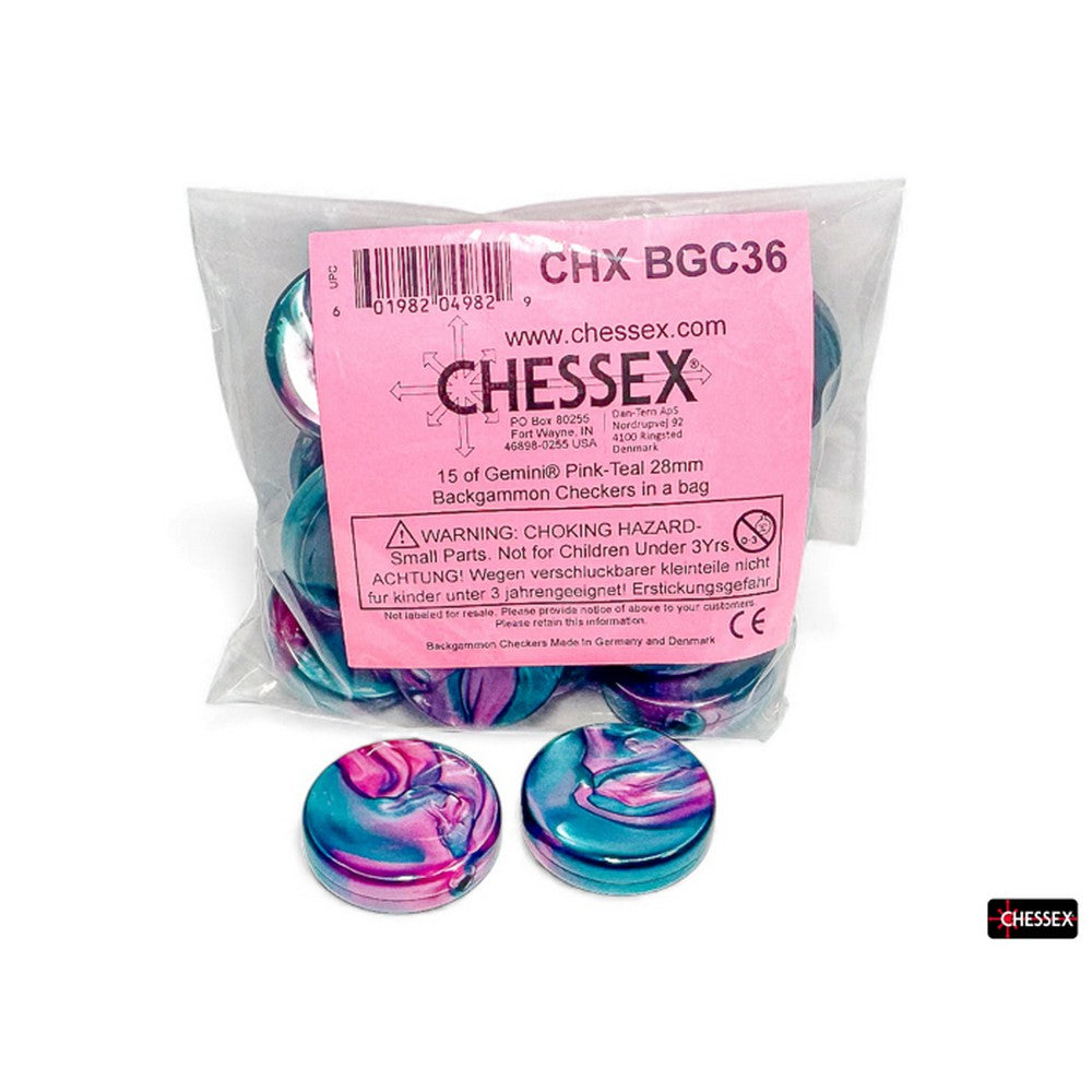 PREORDER CHX BGC36 15 of Gemini Pink-Teal 28mm Backgammon Checkers in a bag