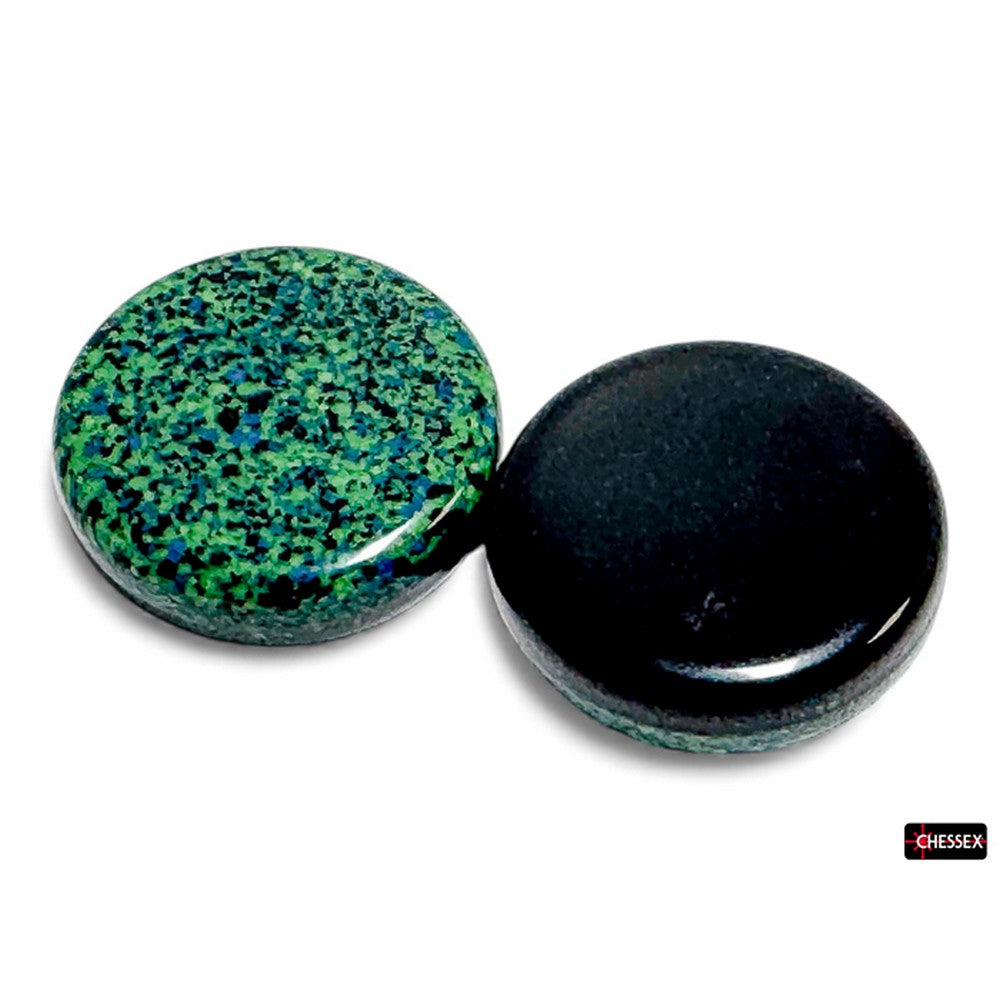 PREORDER CHX REV04 64 of Opaque Black & Speckled Fern 30mm Reversi Checkers in a bag