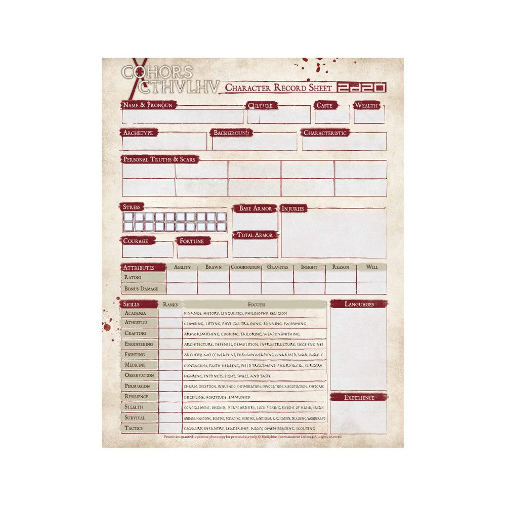 PREORDER Cohors Cthulhu Character Sheet Printed Pad