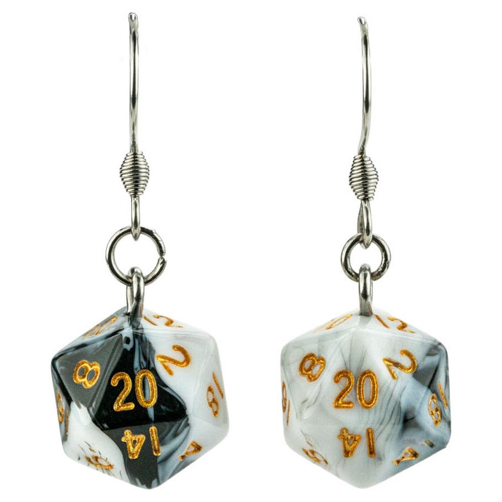 PREORDER Fanroll: D20 Dice Earrings: Marble Black/white w/ Gold