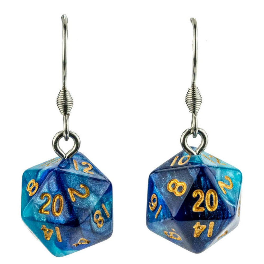 PREORDER Fanroll: D20 Dice Earrings: Blue/Light Blue w/ Gold