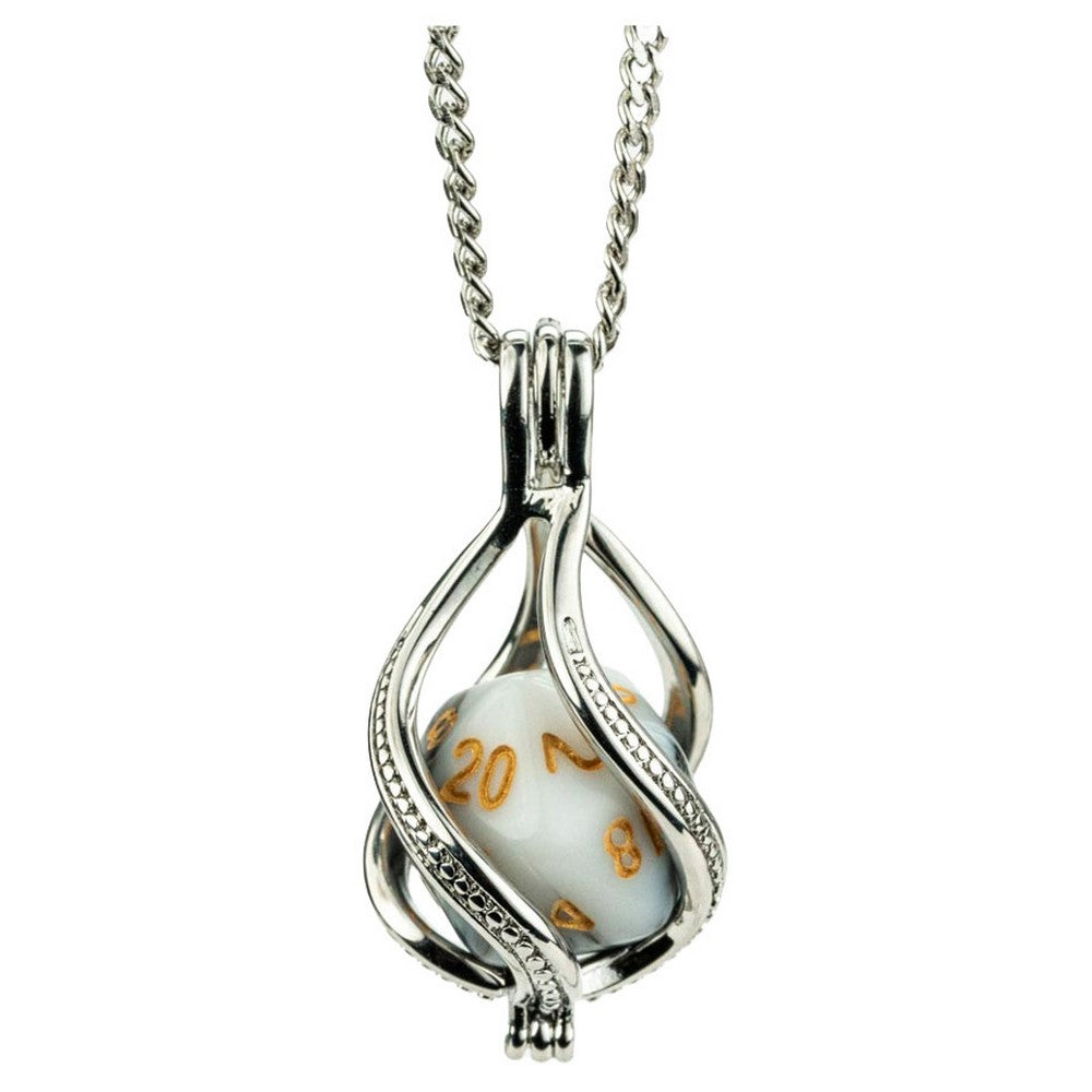 PREORDER Fanroll: D20 Caged Dice Necklace: Marble White/Black w/ Gold
