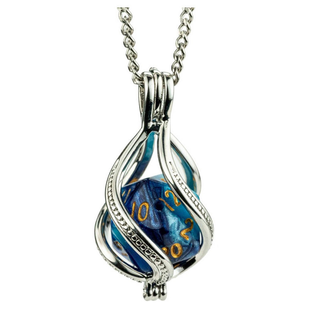PREORDER Fanroll: D20 Caged Dice Necklace: Blue/Light Blue w/ Gold