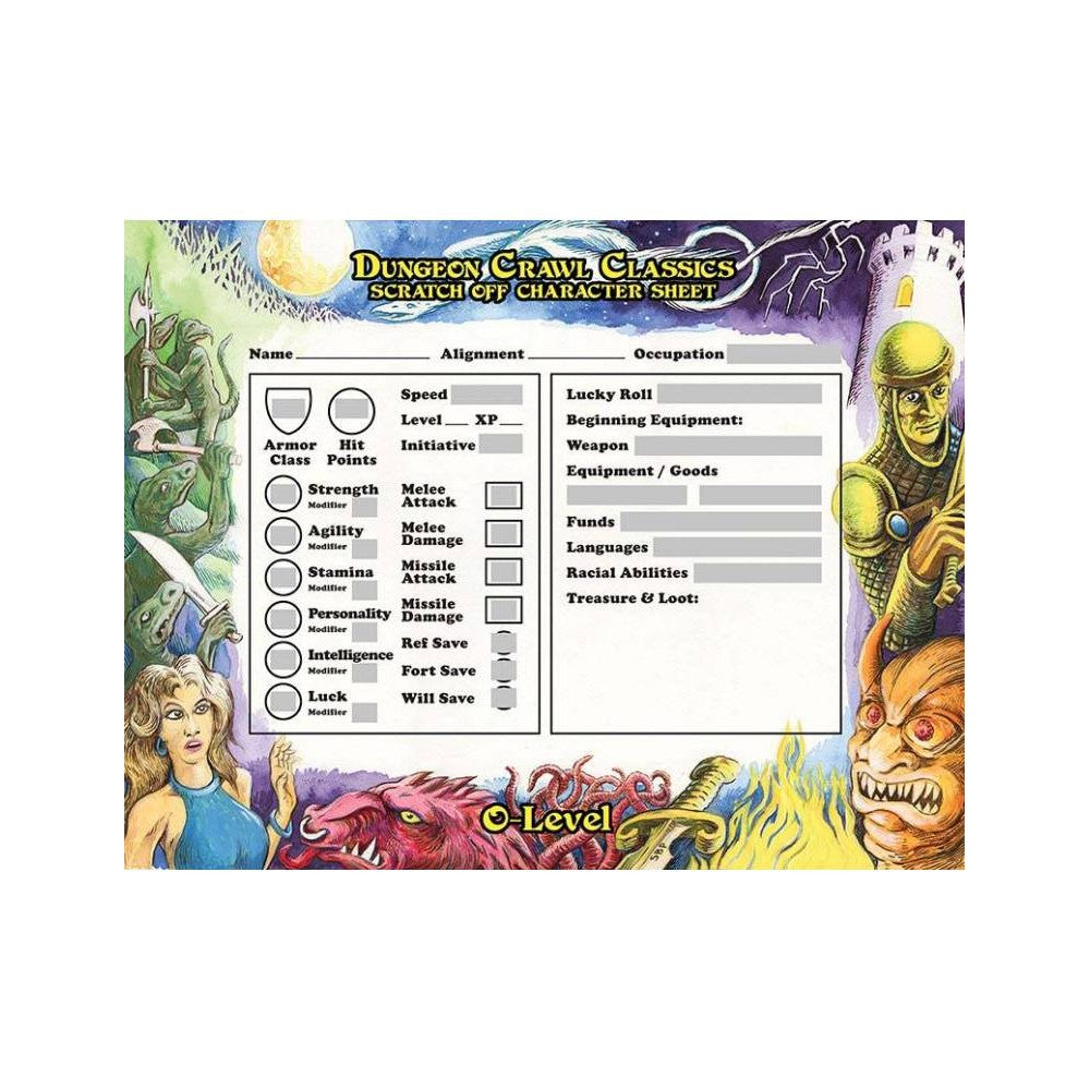 PREORDER Dungeon Crawl Classics - 0-Level Scratch-Off Character Sheets