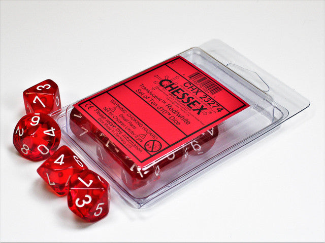 CHX 23274 D10 DiceTranslucent Red/white Set of Ten d10s