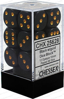CHX 25628 D6 Opaque 16mm d6 Black/gold Dice Block (12 dice)