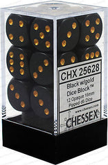 Chessex D6 Opaque 16mm d6 Black/gold Dice Block (12 dice)