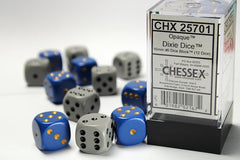 Chessex D6 DiceOpaque 16mm d6 Dixie Dice 12-Die Set (6 Blue/yellow 6 Dark Grey/black)