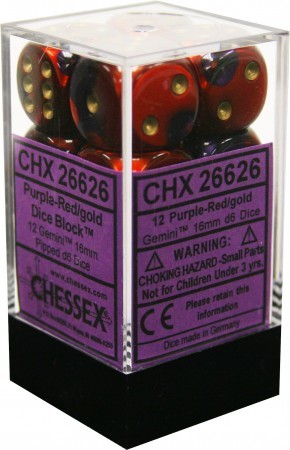 CHX 26626 D6 Gemini 16mm d6 Purple-Red/gold Dice Block (12 dice)