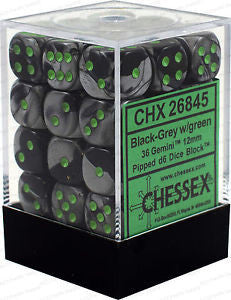 CHX 26845 D6 Gemini 12mm d6 Black-Grey/green Dice Block (36 dice)