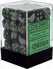 Chessex D6 Gemini 12mm d6 Black-Grey/green Dice Block (36 dice)