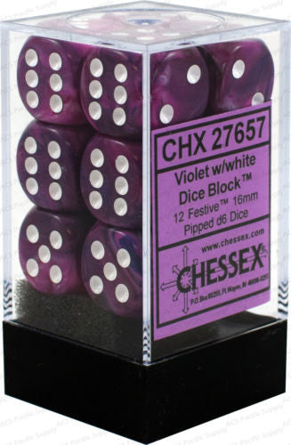 CHX 27657 D6 Festive 16mm d6 Violet/white Dice Block (12 dice)