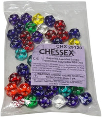 BULK D20 Dice Assorted Loose Translucent Polyhedral (50 Dice in Bag)