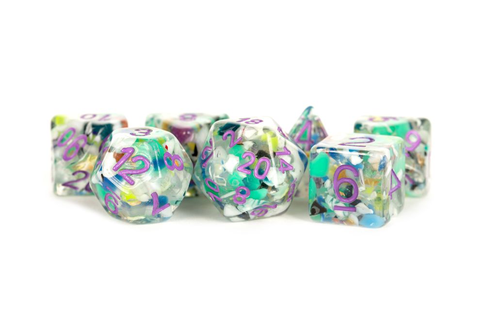 PREORDER Fanroll: 16mm Resin Polyhedral Dice Set: Recycled Dice w/ Purple Numbers