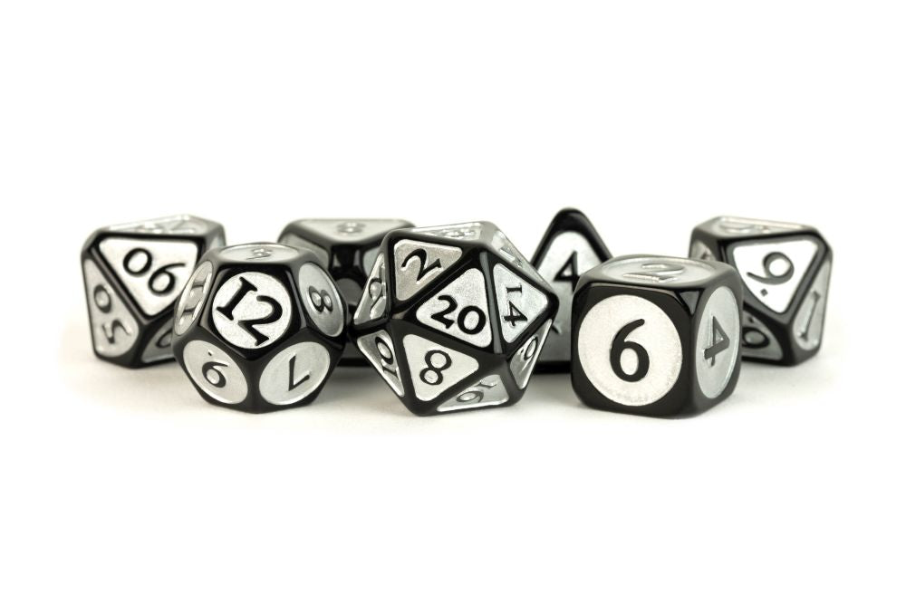 PREORDER Fanroll: 16mm Enamel Acrylic Poly Dice Set: Black w/ Silver Enamel