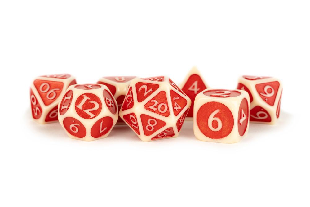 PREORDER Fanroll: 16mm Enamel Acrylic Poly Dice Set: Ivory w/ Red Enamel