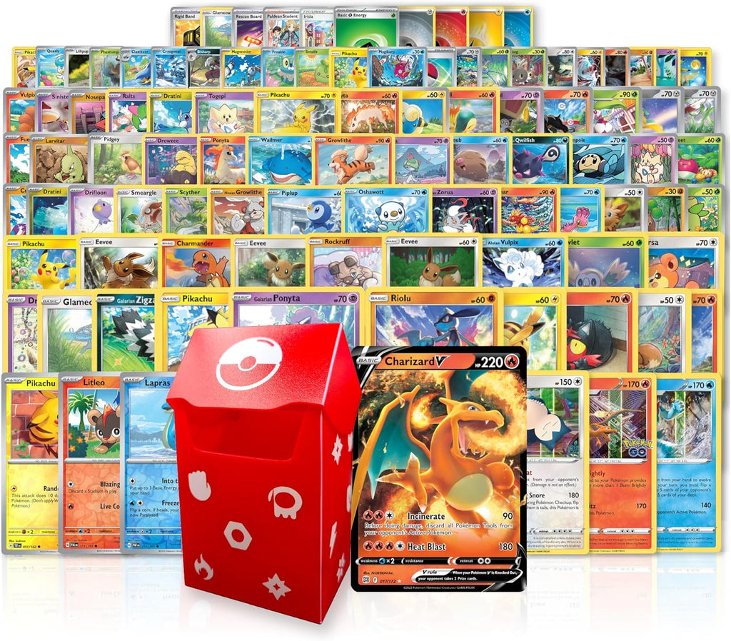 Ultra Rare Trading Card Bundle 100 Cards Ultra Rare Cards Foil Cards and Bonus Deck Box Compatible with Pokemon Cards