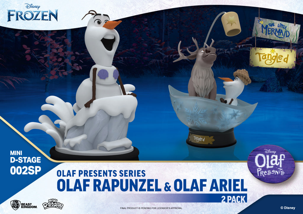 PREORDER Beast Kingdom Mini D Stage Olaf Presents Series Olaf Rapunzel and Ariel 2 Pack