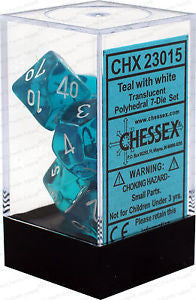 D7-Die Set Dice Translucent Polyhedral Teal/White (7 Dice in Display)