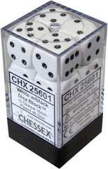 D6 Dice Opaque 16mm White/Black (12 Dice in Display)