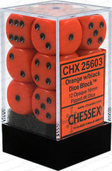 D6 Dice Opaque 16mm Orange/Black (12 Dice in Display)