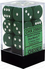 D6 Dice Opaque 16mm Green/White (12 Dice in Display)