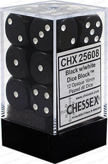 CHX 25608 D6 Dice Opaque 16mm Black/White (12 Dice in Display)