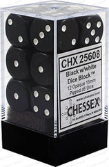 D6 Dice Opaque 16mm Black/White (12 Dice in Display)
