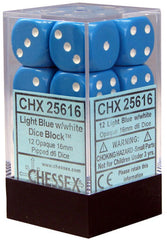 D6 Dice Opaque 16mm Light Blue/White (12 Dice in Display)