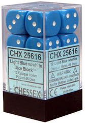 CHX 25616 D6 Dice Opaque 16mm Light Blue/White (12 Dice in Display)