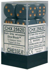 D6 Dice Opaque 16mm Dark Grey/Copper (12 Dice in Display)