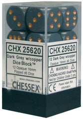 CHX 25620 D6 Dice Opaque 16mm Dark Grey/Copper (12 Dice in Display)